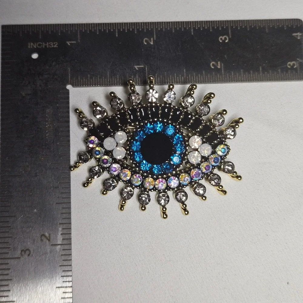 Evil Eye Brooch Womens OS Blue Gold Rhinestone Sunburst Mystic Pin